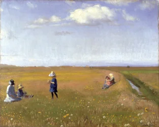 Kinder und junge Mädchen pflücken Blumen auf einem Feld nördlich von Skagen